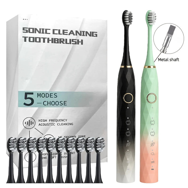 Adult 5-Mode Waterproof Electric Rotary Cleaning Toothbrush With Timer; USB Rechargeable Toothbrush with 10 heads