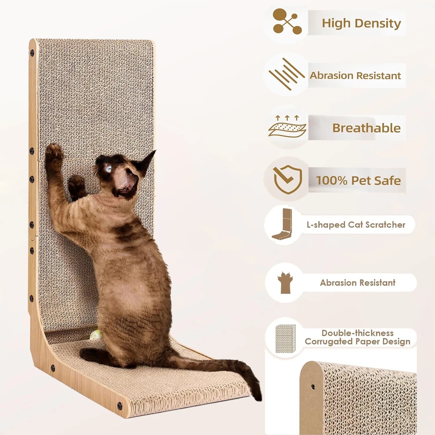 Vertical L-Shaped Cardboard Cat Scratching Post with Ball Toy.