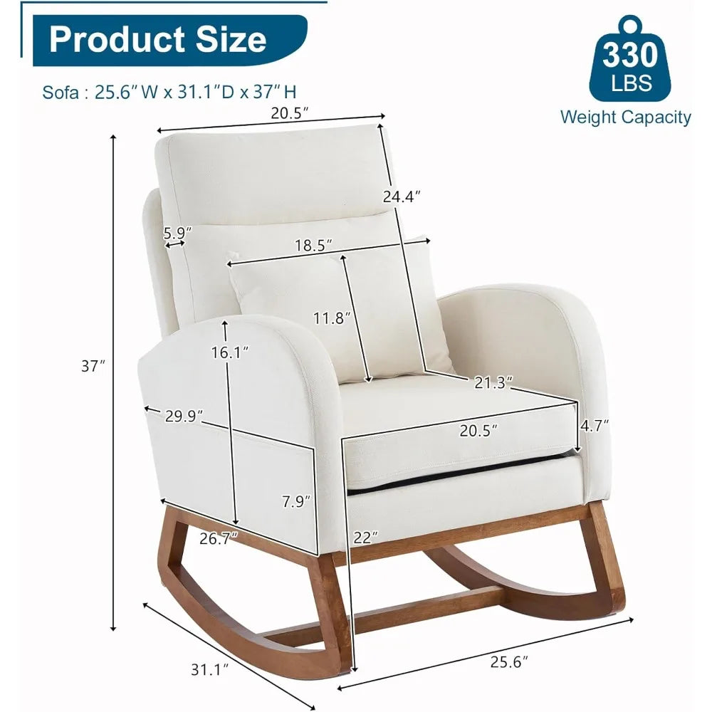 Upholstered Rocking Chair/Glider with Thick Headrest, Curved Armrest and Side Pockets. Two Styles and Various Colors.