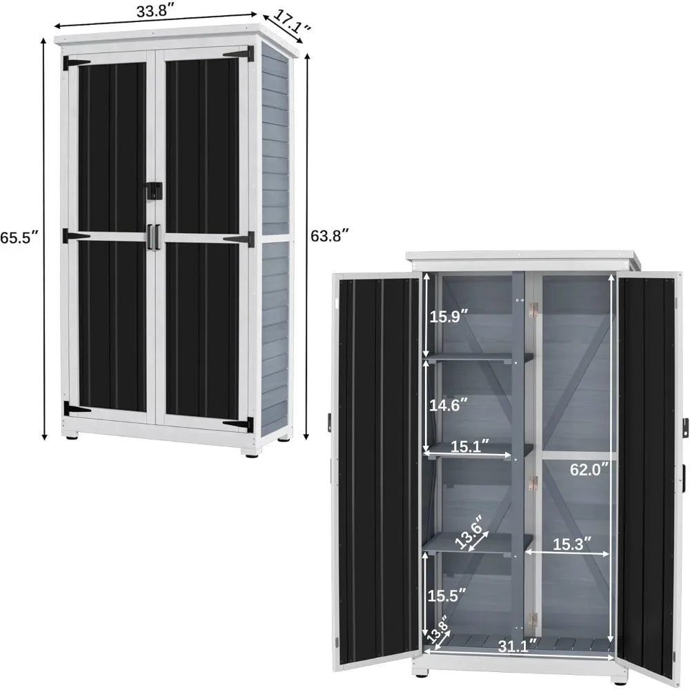 Wood and Metal Storage Cabinet With Waterproof Roof and Lockable Doors.