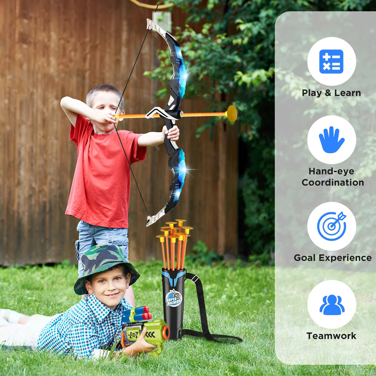 Toy Set for Kids with Bow N Arrow + Guns  (x2) w/LED Light Up and Suction Cup Arrows