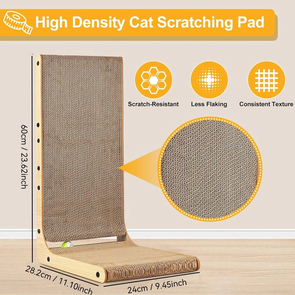 Vertical L-Shaped Cardboard Cat Scratching Post with Ball Toy.