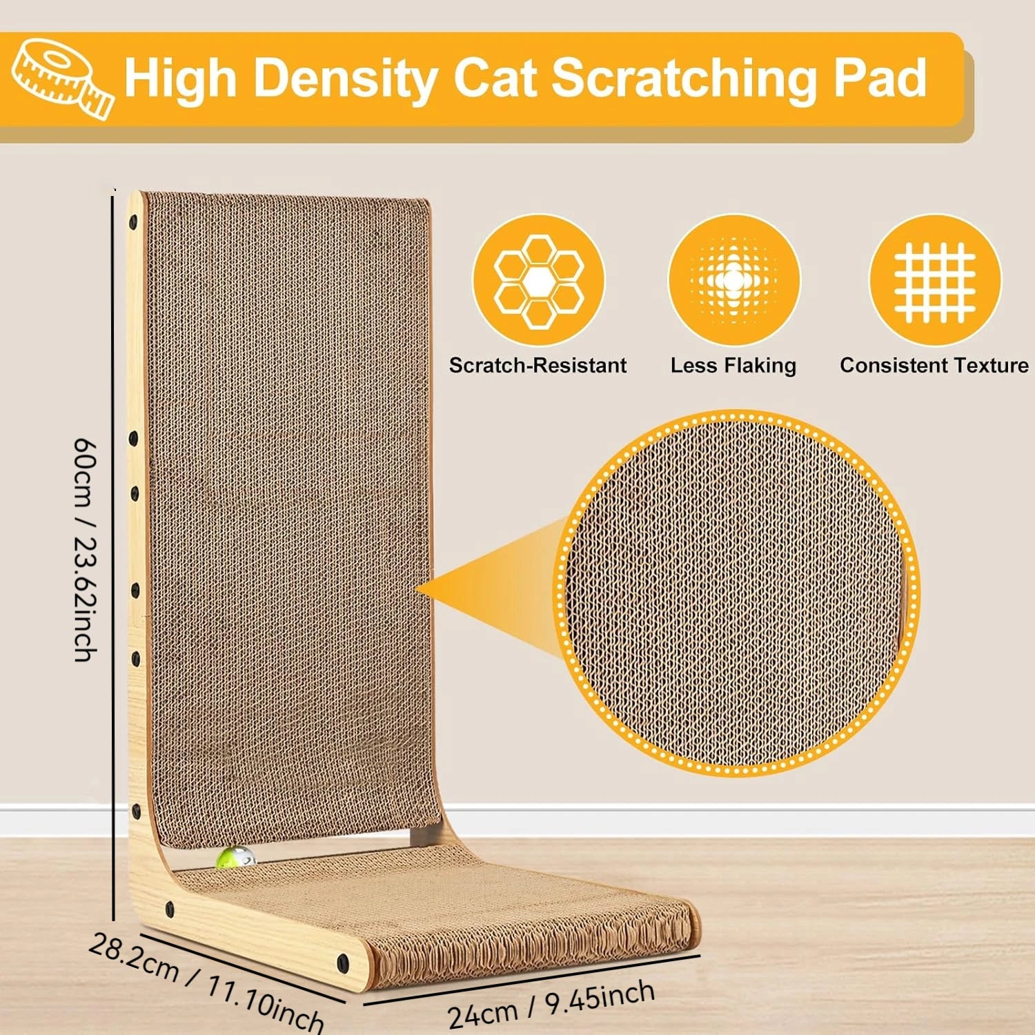 Vertical L-Shaped Cardboard Cat Scratching Post with Ball Toy.