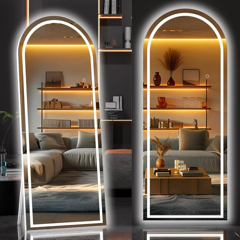 White Frame Arch LED Full Length Mirror with 3 Colors.